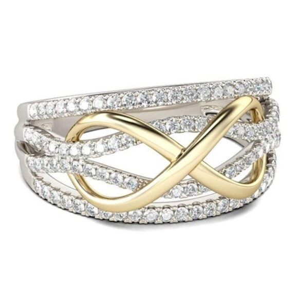 Silver and Yellow Gold Two Tone Braided Diamond Cubic Zirconia Infinity Ring - Picture 2 of 4
